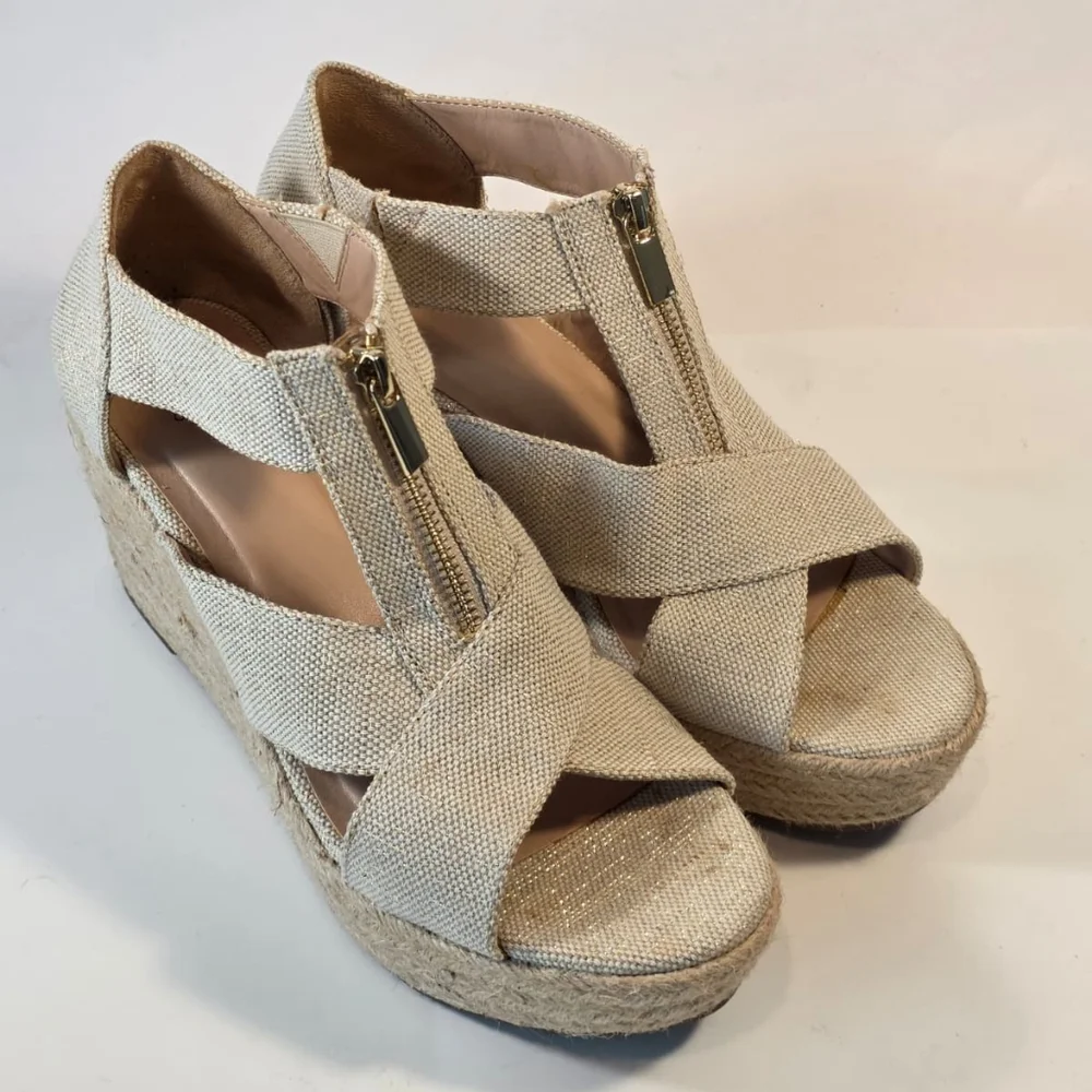 A New Day Women's Textile Zip Front Wedge Upper Beige Sandals Size 8.5